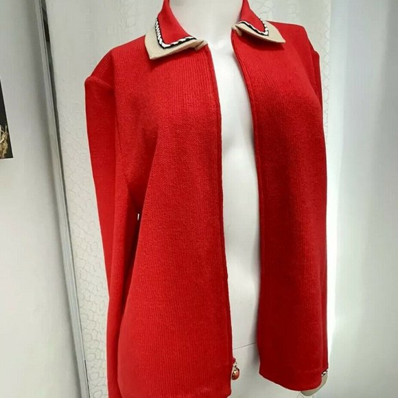 ST JOHN Collection Jacket Sz 6 Red Beige Zip Santana Knit - Picture 1 of 9